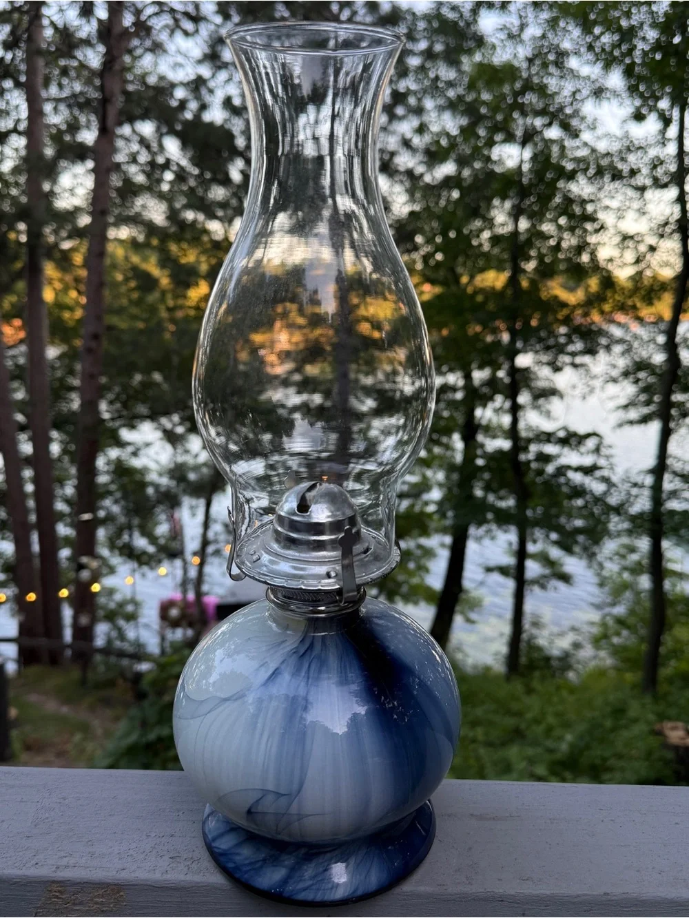 Blue Swirl Hurricane Kerosene Oil Lamp Glass Marbled Prairie CottageCo Homestead